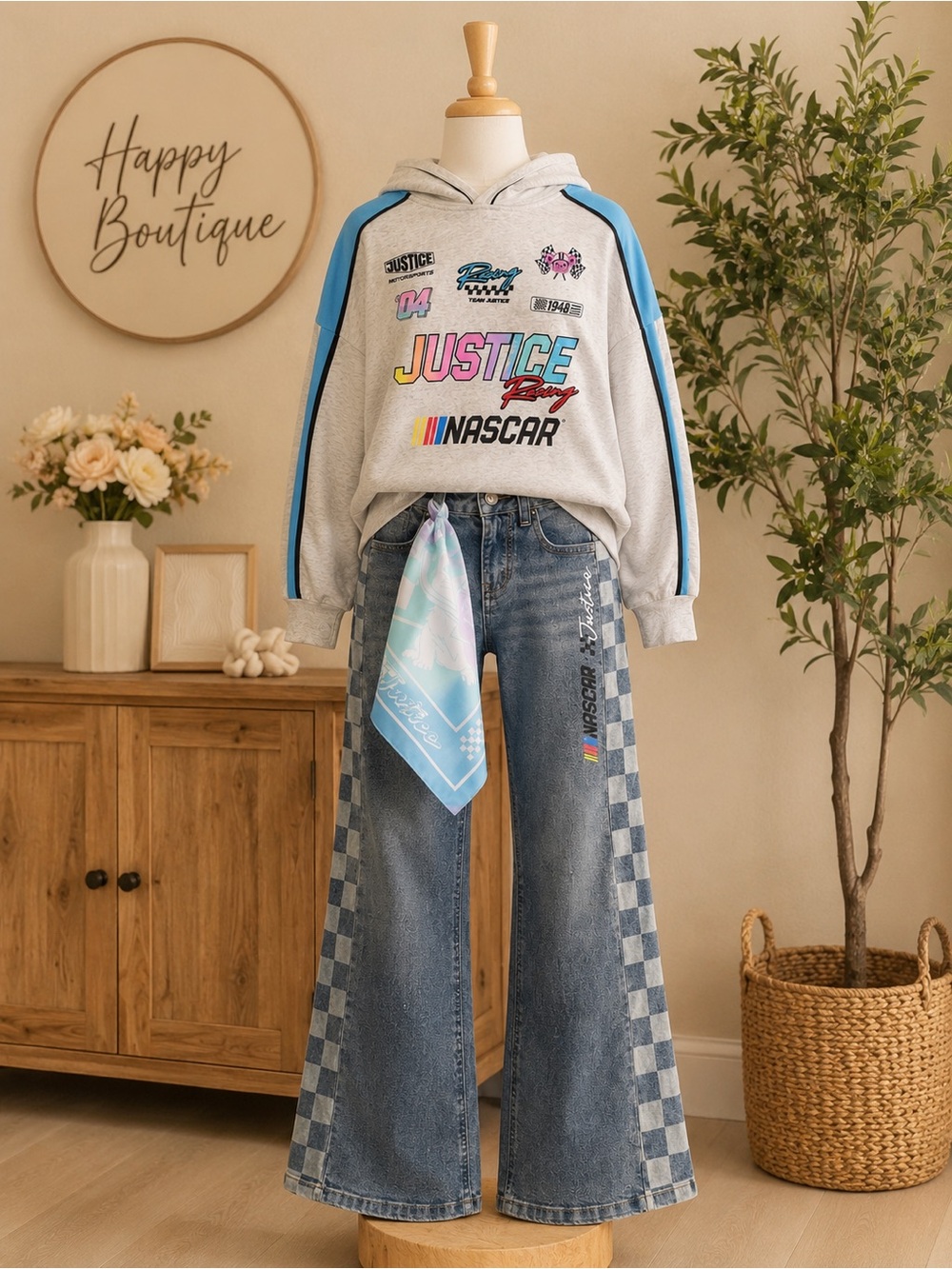 Justice x NASCAR Girls 7/8 Racing Hoodie & Checkerboard Jeans Outfit Set Y2K